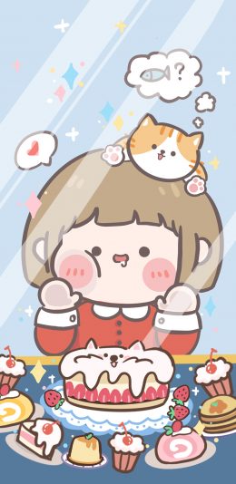 [2436x1125]可爱 吃货 甜品 糕点 女孩 苹果手机动漫壁纸图片