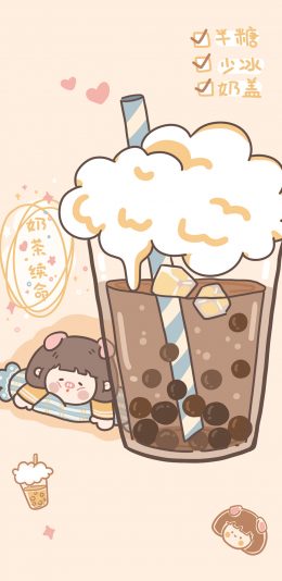 [2436x1125]可爱 女孩  珍珠奶茶 奶茶续命 苹果手机动漫壁纸图片