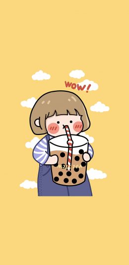 [2436x1125]可爱 女孩 wow milk tea 卡通 喝奶茶 苹果手机动漫壁纸图片