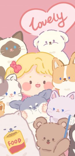 [2436x1125]可爱 小女孩 动物 猫 狗 宠物 lovely 苹果手机动漫壁纸图片