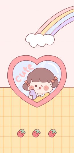 [2436x1125]可爱 小女孩 自拍 手机 彩虹 草莓 苹果手机动漫壁纸图片