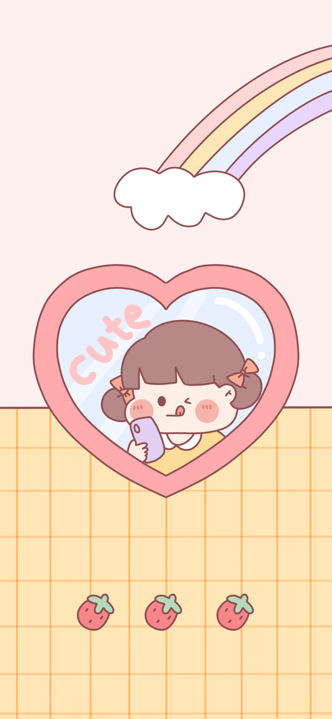[2436×1125]可爱 小女孩 自拍 手机 彩虹 草莓 苹果手机动漫壁纸图片
