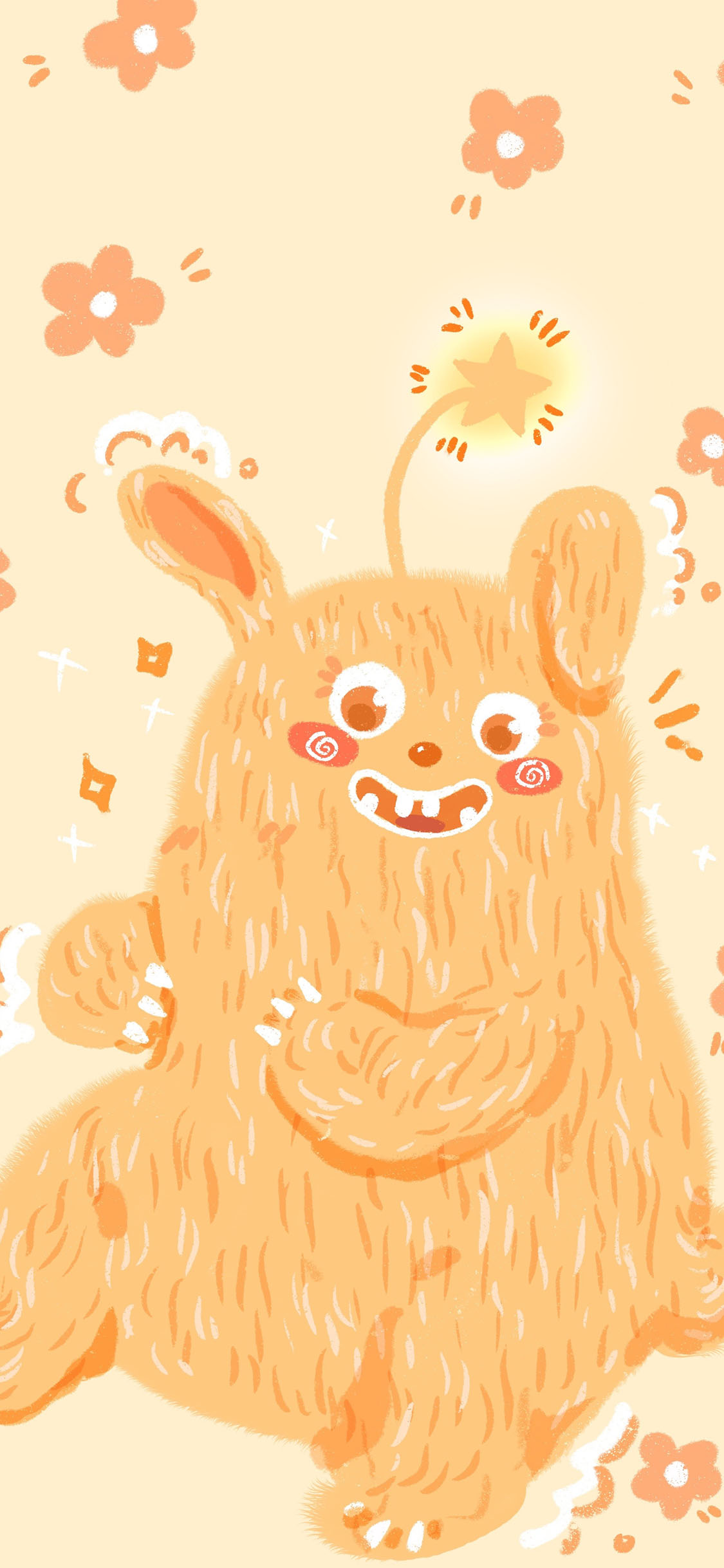 [2436×1125]可爱 小怪兽 黄 花花 苹果手机动漫壁纸图片