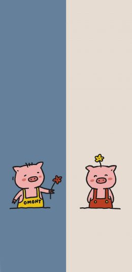 [2436x1125]可爱 小花 猪 对话框 情侣 苹果手机动漫壁纸图片