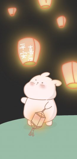 [2436x1125]可爱 平安喜乐 兔子 孔明灯 苹果手机动漫壁纸图片