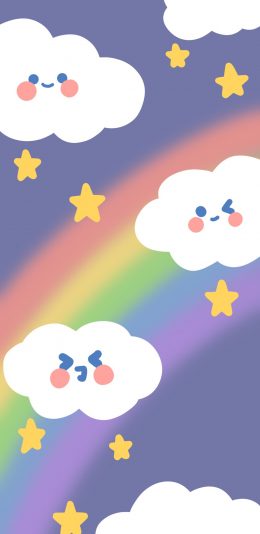 [2436x1125]可爱 插画 色彩 云朵 星星 苹果手机动漫壁纸图片