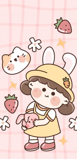 [2436x1125]可爱 插画 草莓 卡通 女孩 苹果手机动漫壁纸图片