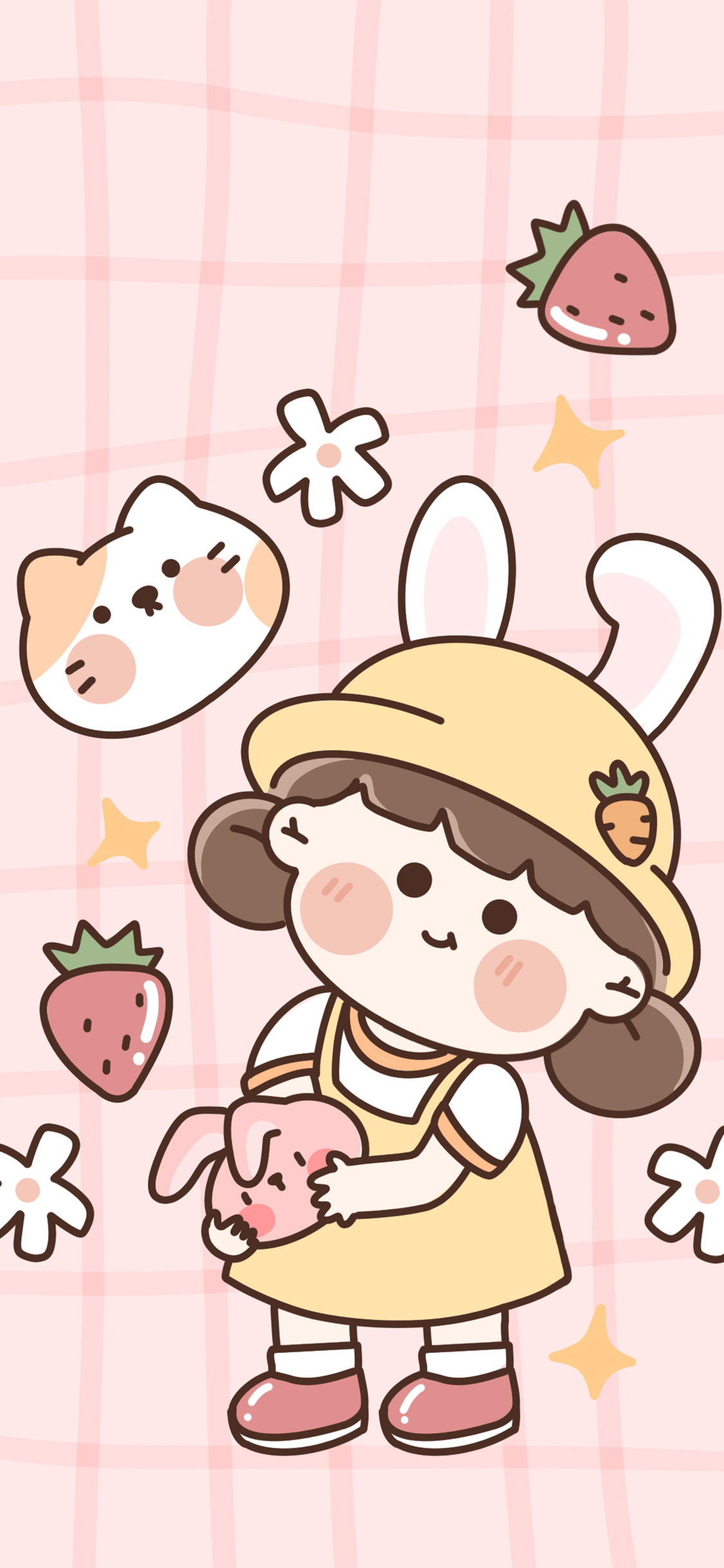 [2436×1125]可爱 插画 草莓 卡通 女孩 苹果手机动漫壁纸图片