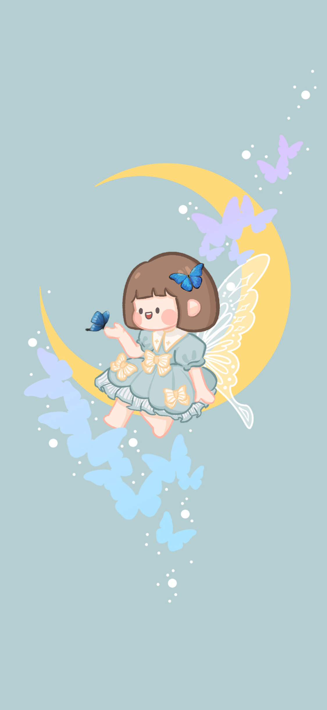 [2436×1125]可爱 月亮 蝴蝶 女孩 肉肉酱 苹果手机动漫壁纸图片