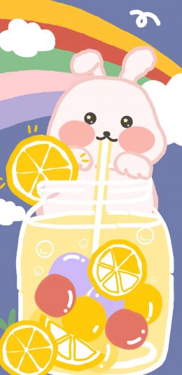 [2436x1125]可爱 果汁 卡通 柠檬 兔子 色彩 苹果手机动漫壁纸图片