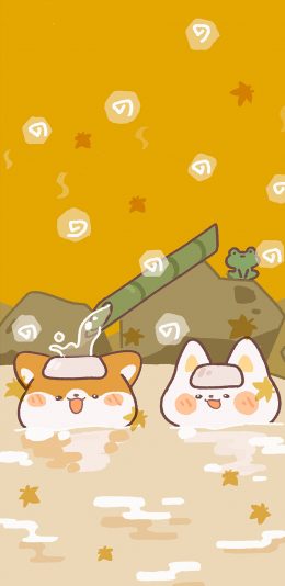 [2436x1125]可爱 柴犬 温泉 插画 苹果手机动漫壁纸图片