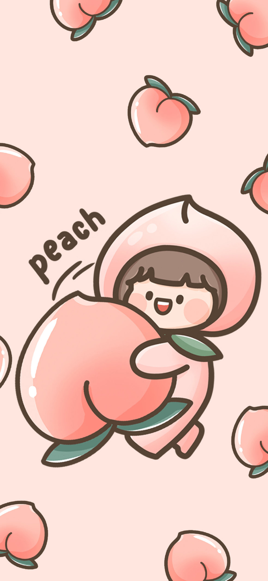 [2436×1125]可爱 桃子 平铺 女孩 粉 肉肉酱 苹果手机动漫壁纸图片