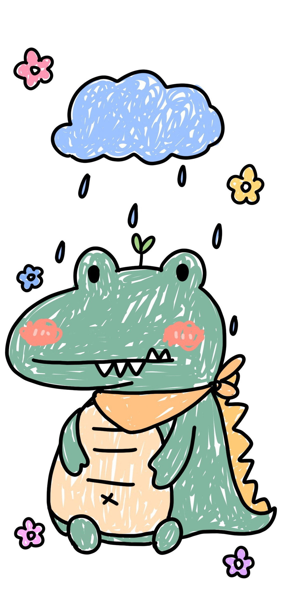 [2436×1125]可爱 涂鸦 小恐龙 云朵 苹果手机动漫壁纸图片