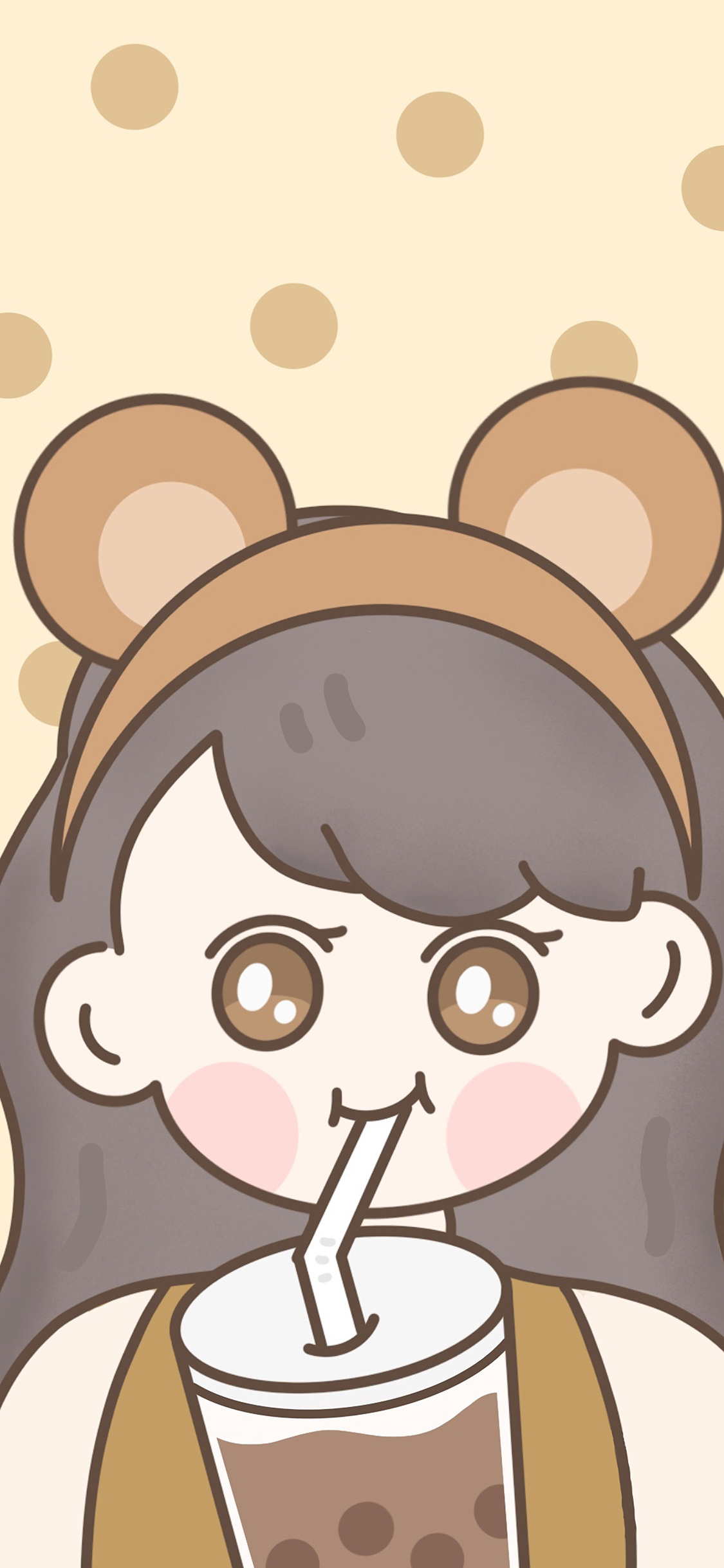 [2436×1125]可爱 珍珠奶茶 女孩 卡通 苹果手机动漫壁纸图片