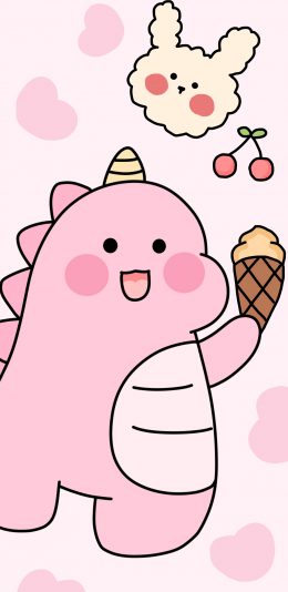 [2436x1125]可爱 粉 小恐龙 卡通 爱心 苹果手机动漫壁纸图片