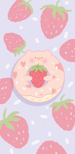 [2436x1125]可爱 粉 草莓 甜甜圈 苹果手机动漫壁纸图片