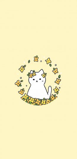 [2436x1125]可爱 绘画 猫咪 花朵 苹果手机动漫壁纸图片