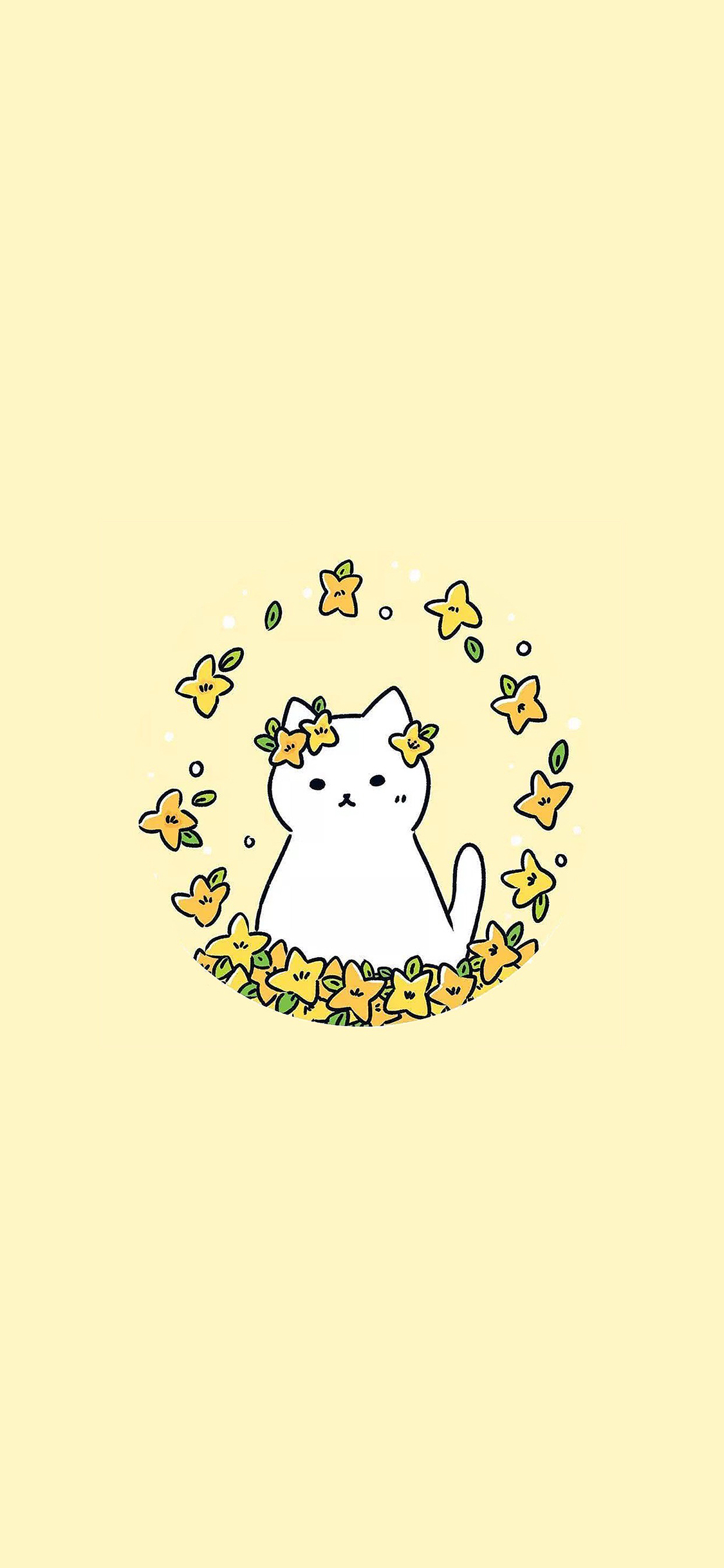 [2436×1125]可爱 绘画 猫咪 花朵 苹果手机动漫壁纸图片