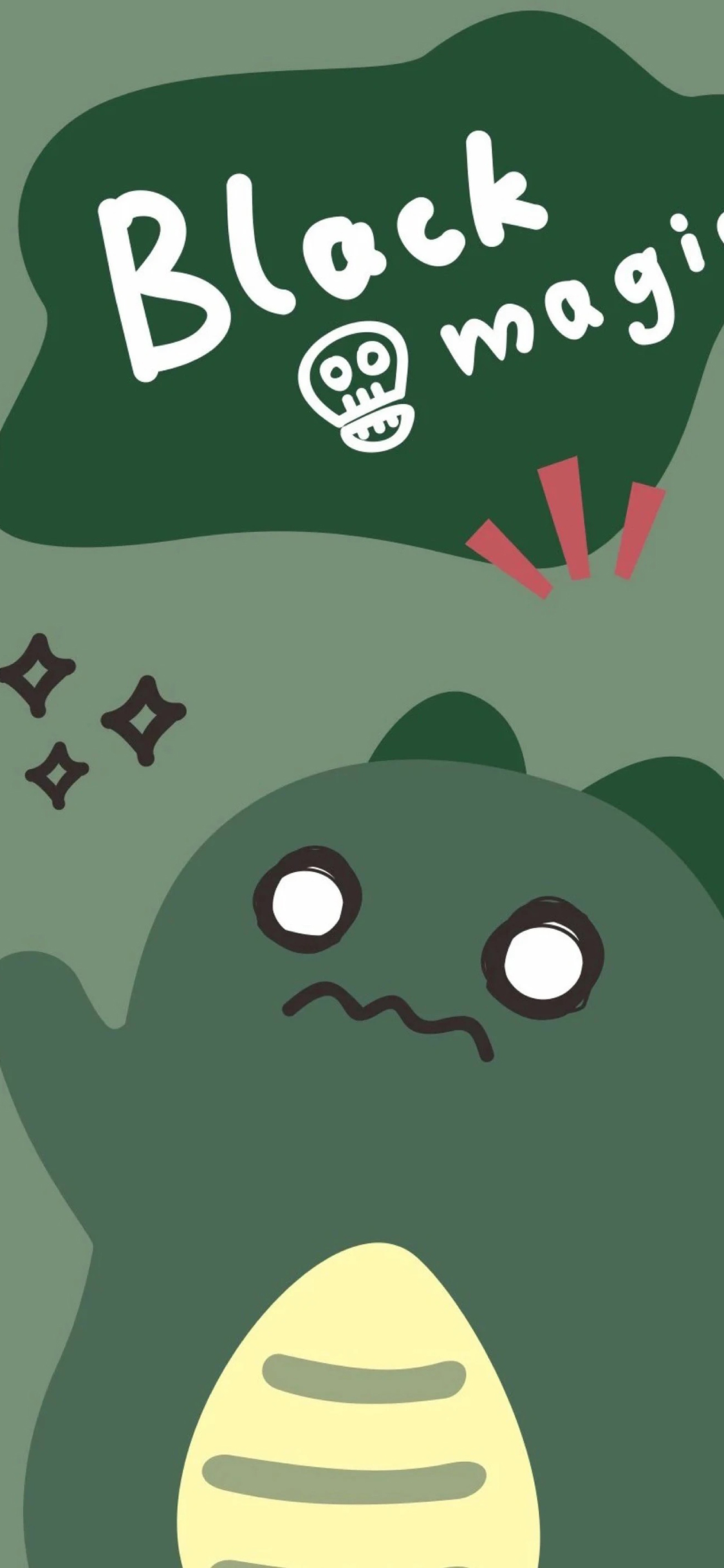 [2436×1125]可爱 绿 卡通 black magic 小恐龙 苹果手机动漫壁纸图片