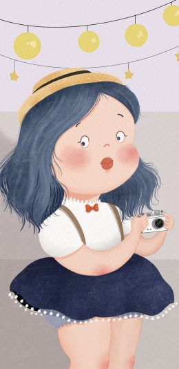 [2436x1125]可爱 胖妞 拍照 卡通 苹果手机动漫壁纸图片