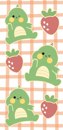 [2436x1125]可爱 草莓 平铺 小恐龙 苹果手机动漫壁纸图片