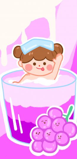 [2436x1125]可爱 葡萄 紫 饮品 女孩 苹果手机动漫壁纸图片