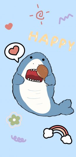 [2436x1125]可爱 蓝 happy 爱心 小鲨鱼 苹果手机动漫壁纸图片