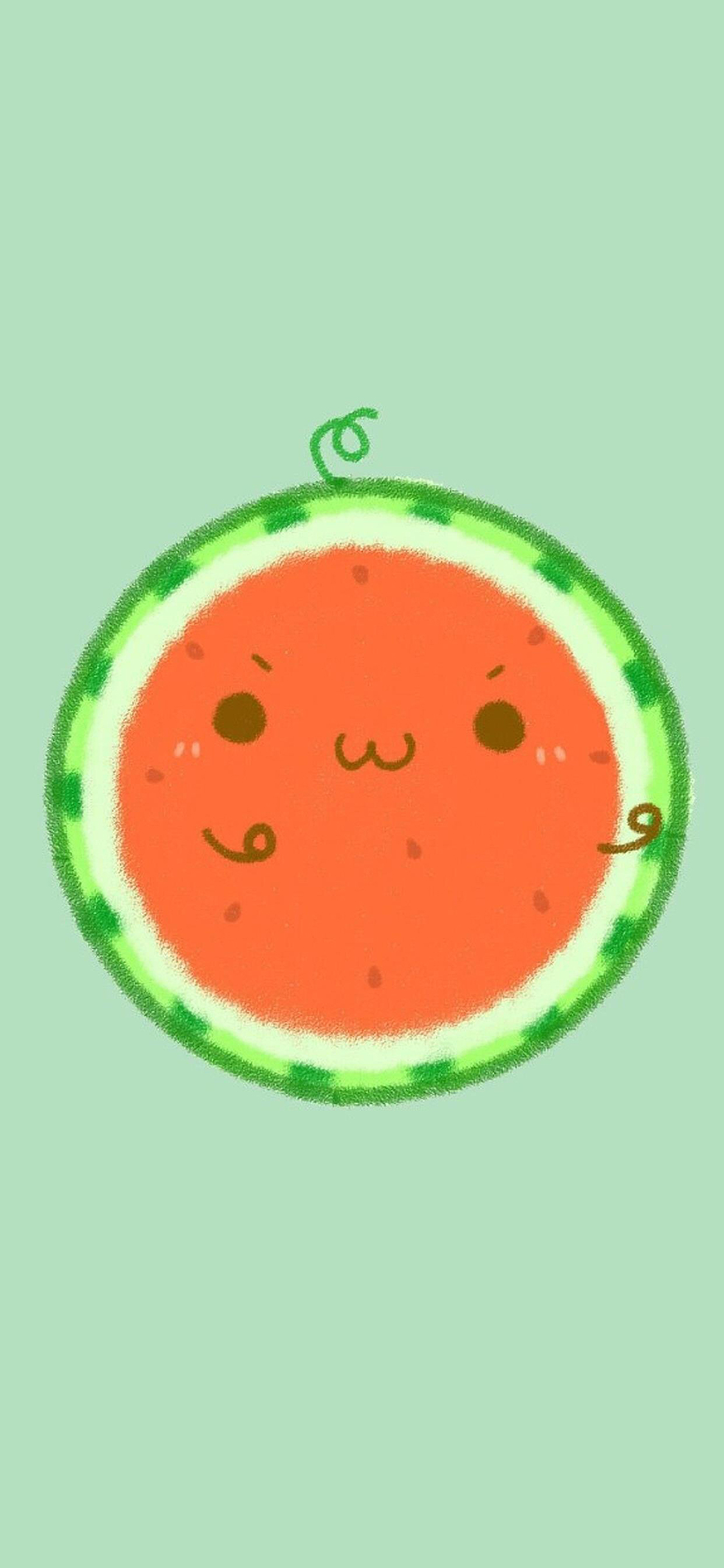 [2436×1125]可爱 西瓜 绿 表情 苹果手机动漫壁纸图片