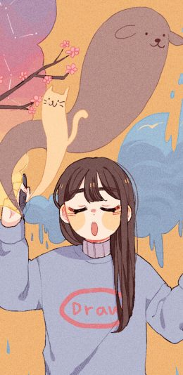 [2436x1125]可爱少女 哈欠 猫咪 狗狗 卡通 苹果手机动漫壁纸图片