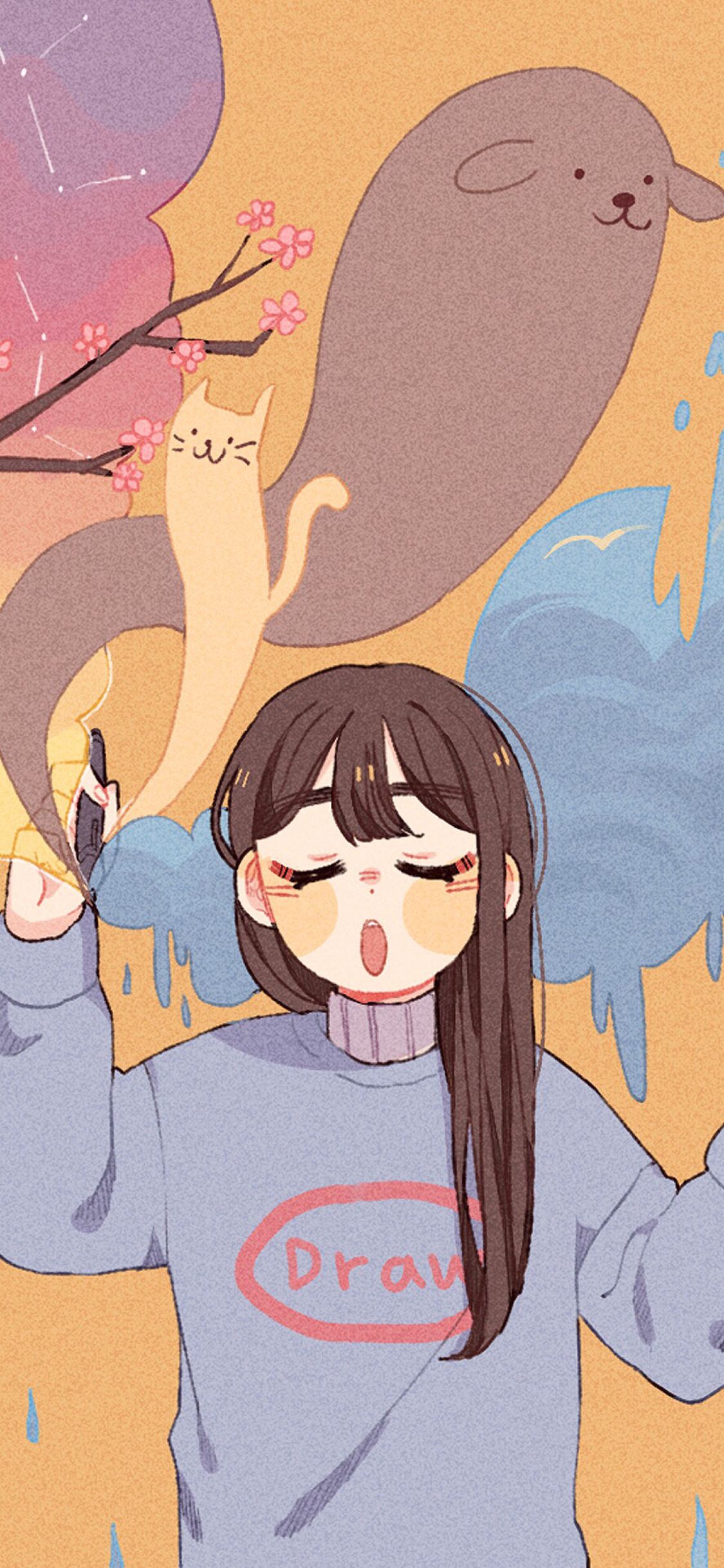 [2436×1125]可爱少女 哈欠 猫咪 狗狗 卡通 苹果手机动漫壁纸图片