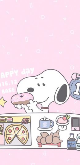 [2436x1125]史努比 动画 粉色 点心 苹果手机动漫壁纸图片