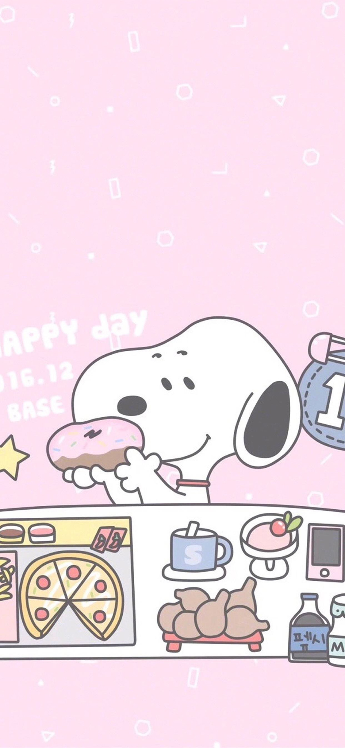 [2436×1125]史努比 动画 粉色 点心 苹果手机动漫壁纸图片