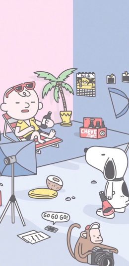 [2436x1125]史努比 卡通 摄影棚 猴子 苹果手机动漫壁纸图片