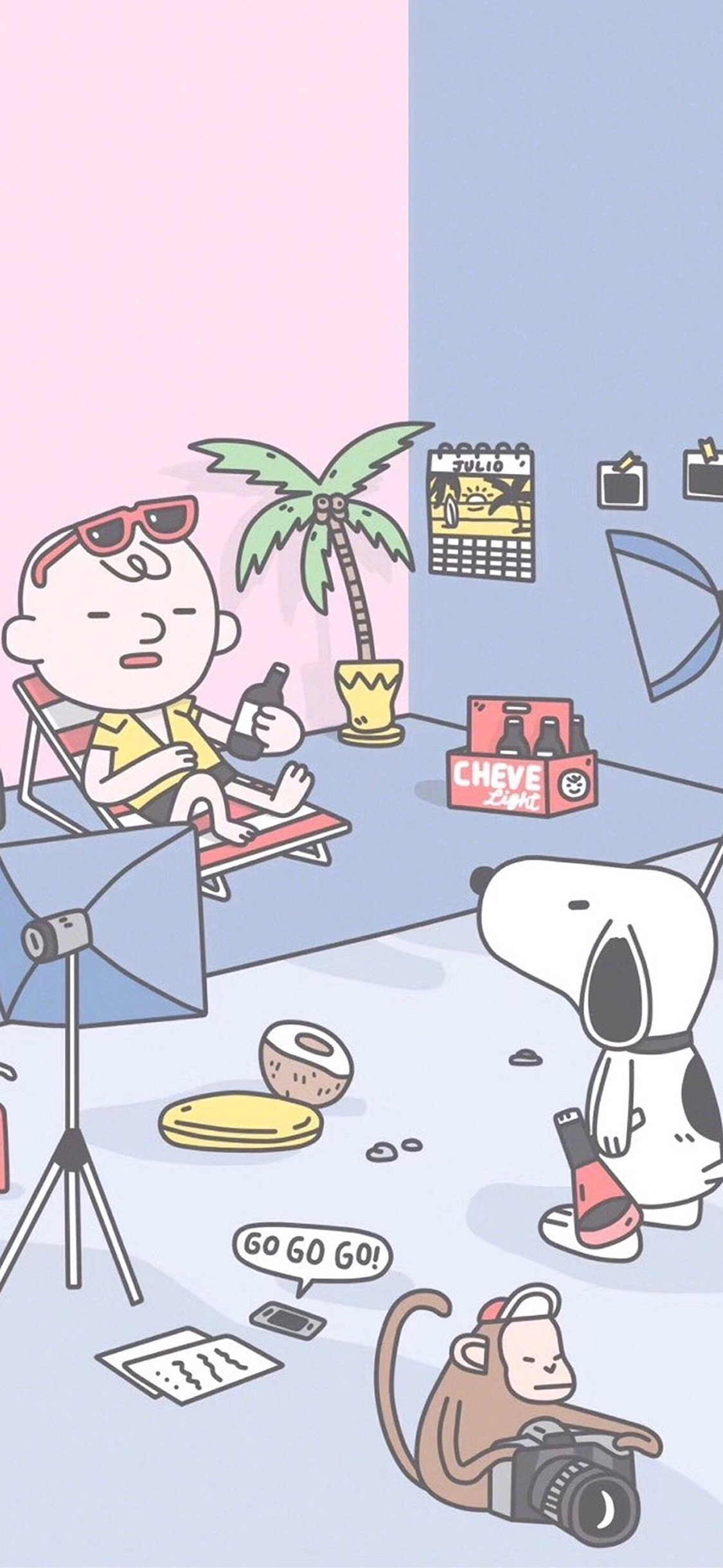 [2436×1125]史努比 卡通 摄影棚 猴子 苹果手机动漫壁纸图片