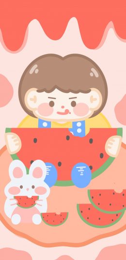 [2436x1125]吃瓜 卡通 可爱 兔子 苹果手机动漫壁纸图片