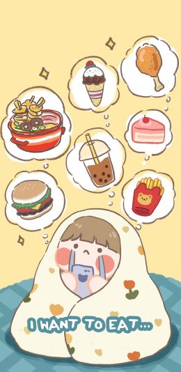 [2436x1125]吃货 卡通 我想吃 I want to eat 苹果手机动漫壁纸图片