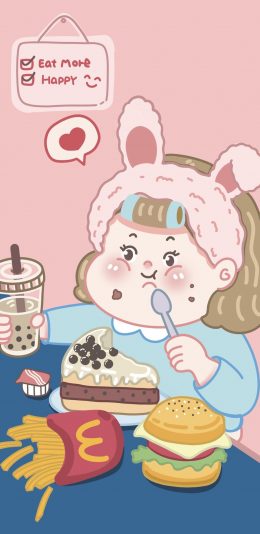 [2436x1125]吃货 胖妞 肥胖 蛋糕 汉堡 薯条 开心 爱心 苹果手机动漫壁纸图片