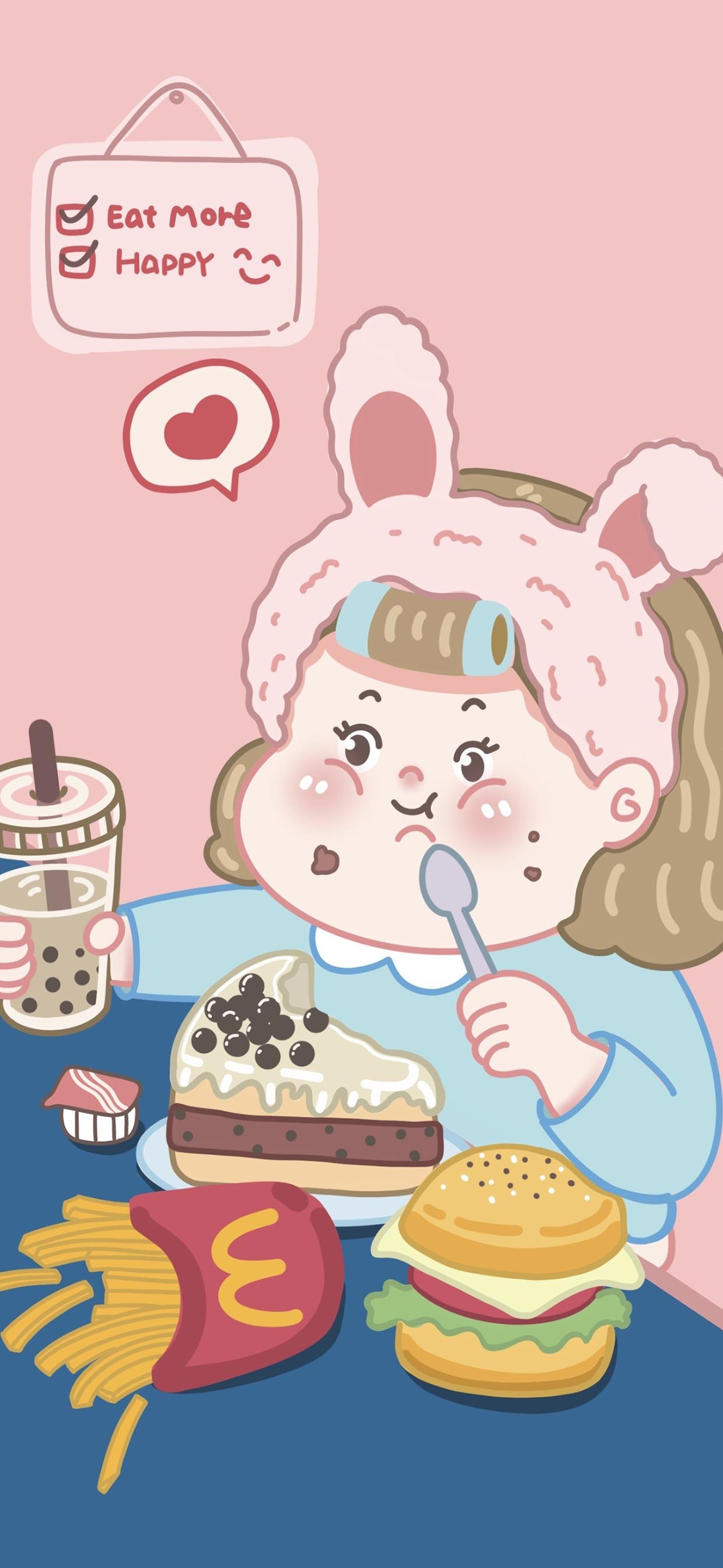 [2436×1125]吃货 胖妞 肥胖 蛋糕 汉堡 薯条 开心 爱心 苹果手机动漫壁纸图片