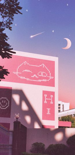 [2436x1125]合成 夜景 建筑 星星 月牙 苹果手机动漫壁纸图片