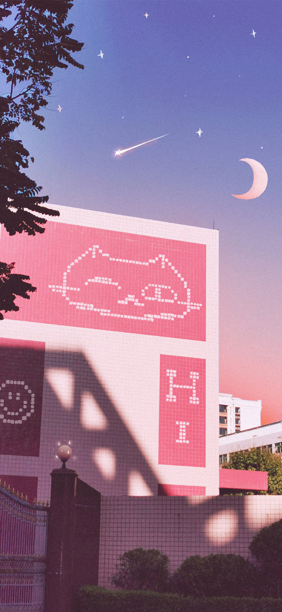 [2436×1125]合成 夜景 建筑 星星 月牙 苹果手机动漫壁纸图片