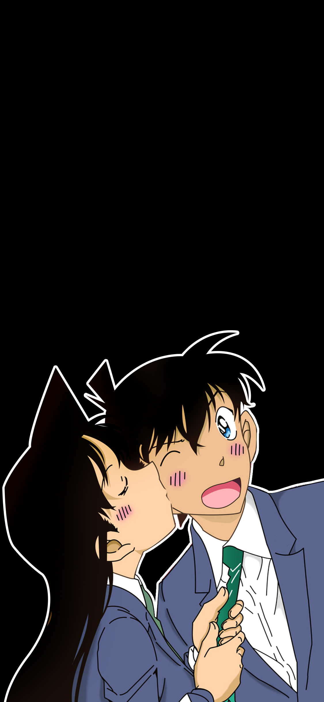 [2436×1125]名侦探柯南 小兰 新一 亲吻 动画 黑色 苹果手机动漫壁纸图片