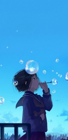[2436x1125]吹泡泡 女孩 二次元 少女 漫画 苹果手机动漫壁纸图片