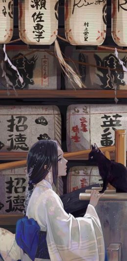 [2436x1125]和风 插图 二次元 女孩 黑猫 苹果手机动漫壁纸图片