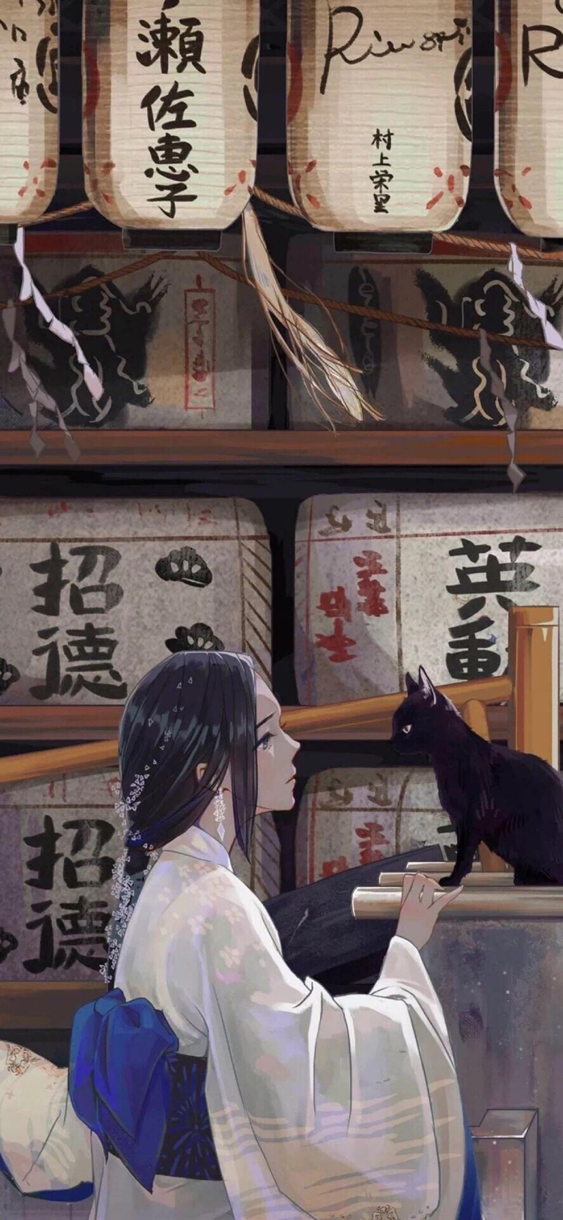 [2436×1125]和风 插图 二次元 女孩 黑猫 苹果手机动漫壁纸图片