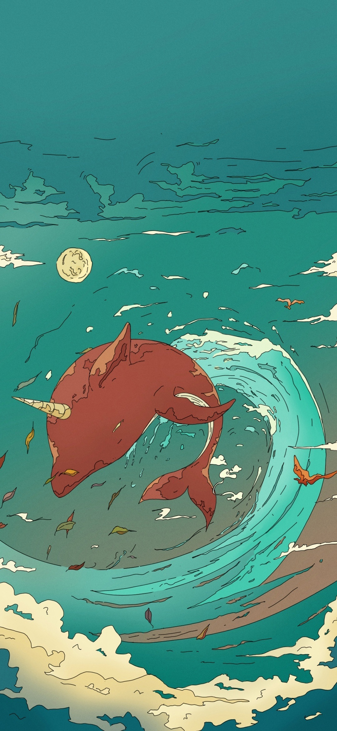 [2436×1125]和风 插图 海豚 红色 苹果手机动漫壁纸图片