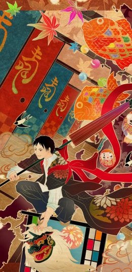 [2436x1125]和风 插图 锦鲤 二次元 元素 苹果手机动漫壁纸图片