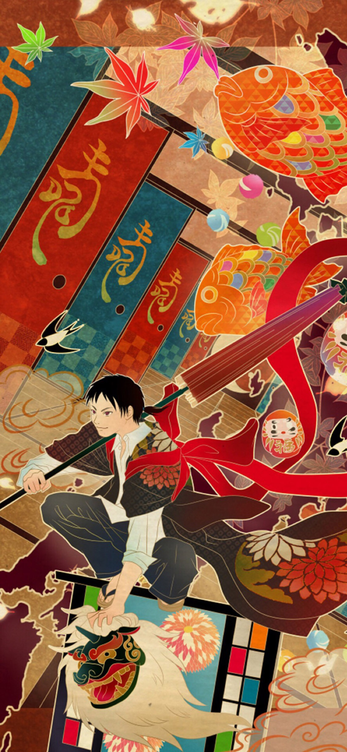 [2436×1125]和风 插图 锦鲤 二次元 元素 苹果手机动漫壁纸图片