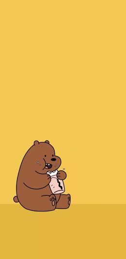 [2436x1125]咱们裸熊 棕熊 可爱 卡通 黄色 零食 吃 苹果手机动漫壁纸图片