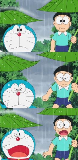 [2436x1125]哆啦A梦 动画片 漫画 大雄 叮当猫 雨水 苹果手机动漫壁纸图片