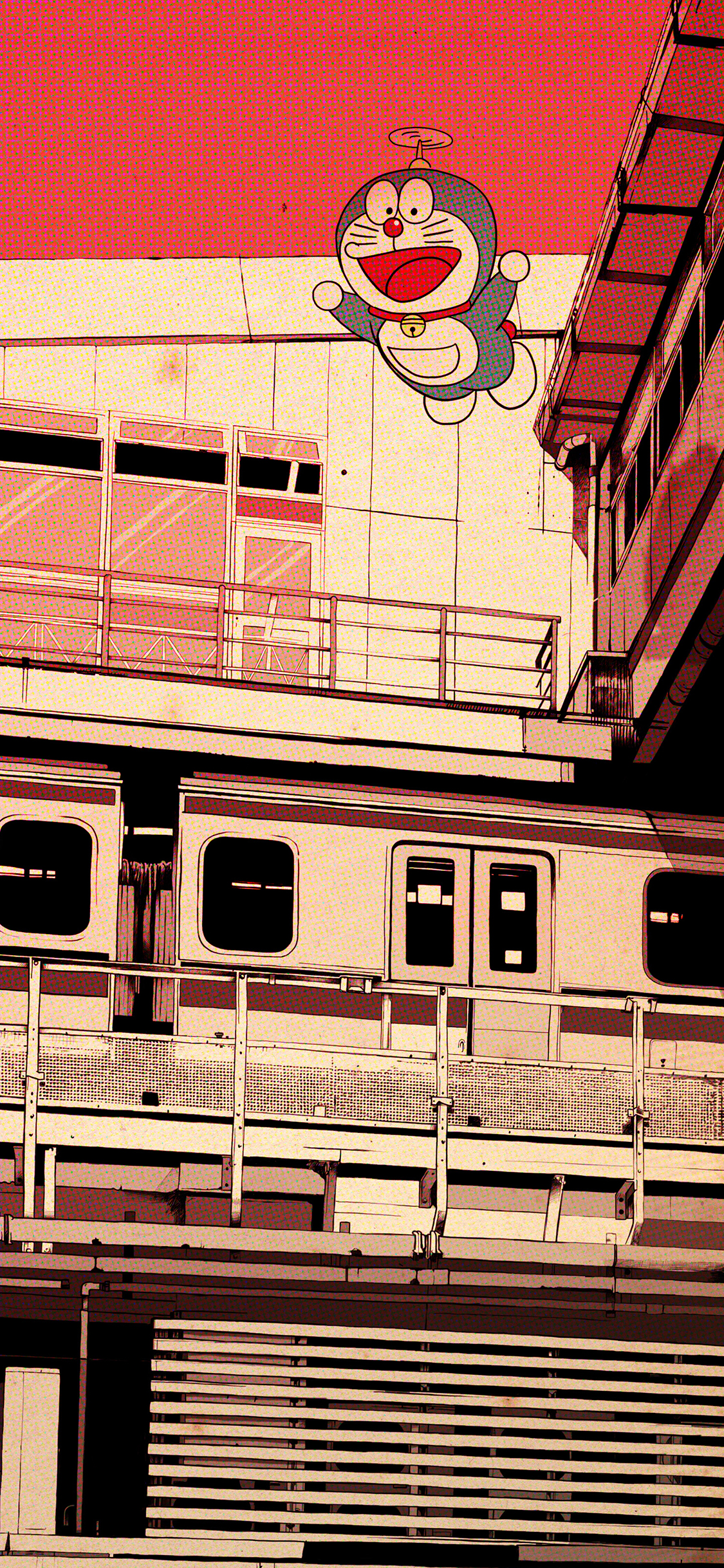 [2436×1125]哆啦A梦 叮当猫 复古 房屋 日本 动画 苹果手机动漫壁纸图片